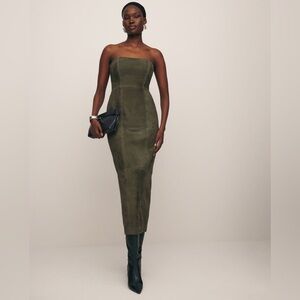Reformation x Veda Chrystie Strapless Suede Leather Midi Dress Olive Green Mesa